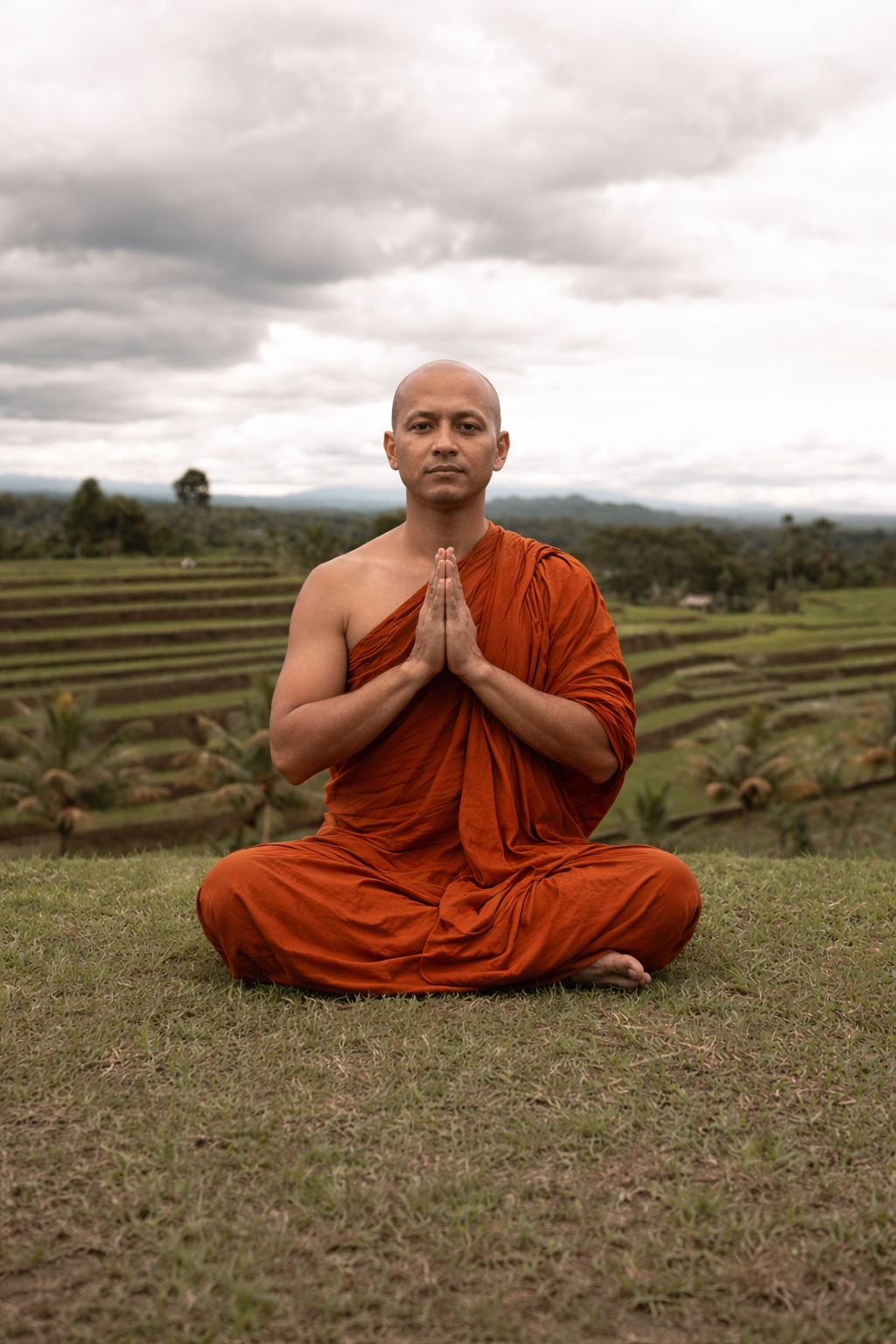 Monk in meditation pose with namaste hands